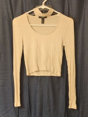 Forever 21 Beige Ribbed Long-Sleeve Crop Top with Choker
